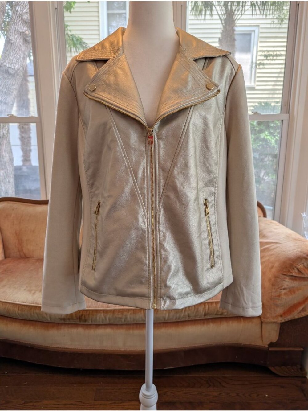 Women's Marc New York Faux Leather Metallic Champagne Biker Jacket Size XL